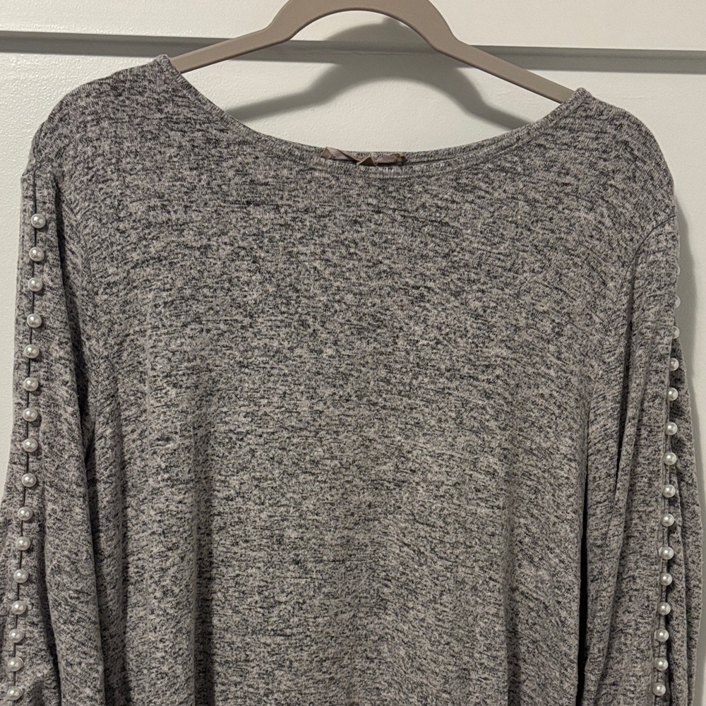 Heather Gray/Light Pink Women's Sweater with Pearl Detailing and Tie Sleeves